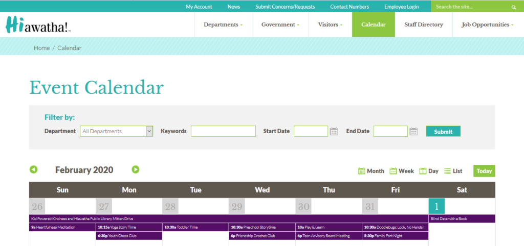 a screenshot of the hiawatha event calendar